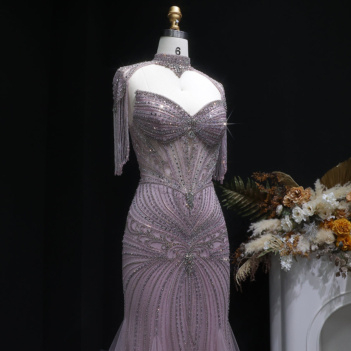 Luxury Champagne Beaded Crystal Evening Dress with Tassel Shoulder SS021 