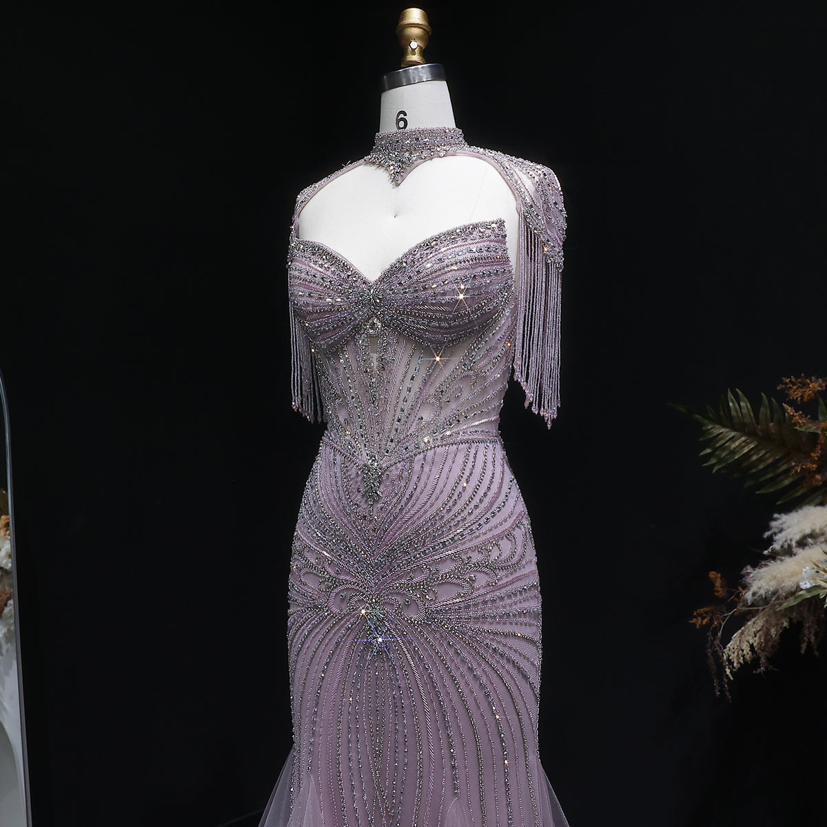 Luxury Champagne Beaded Crystal Evening Dress with Tassel Shoulder SS021 