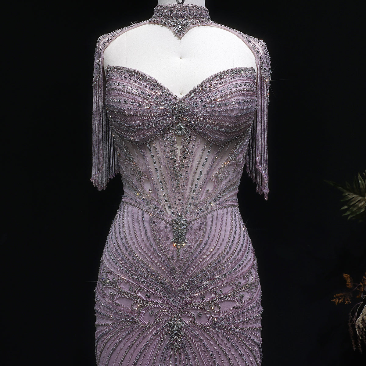 Luxury Champagne Beaded Crystal Evening Dress with Tassel Shoulder SS021 