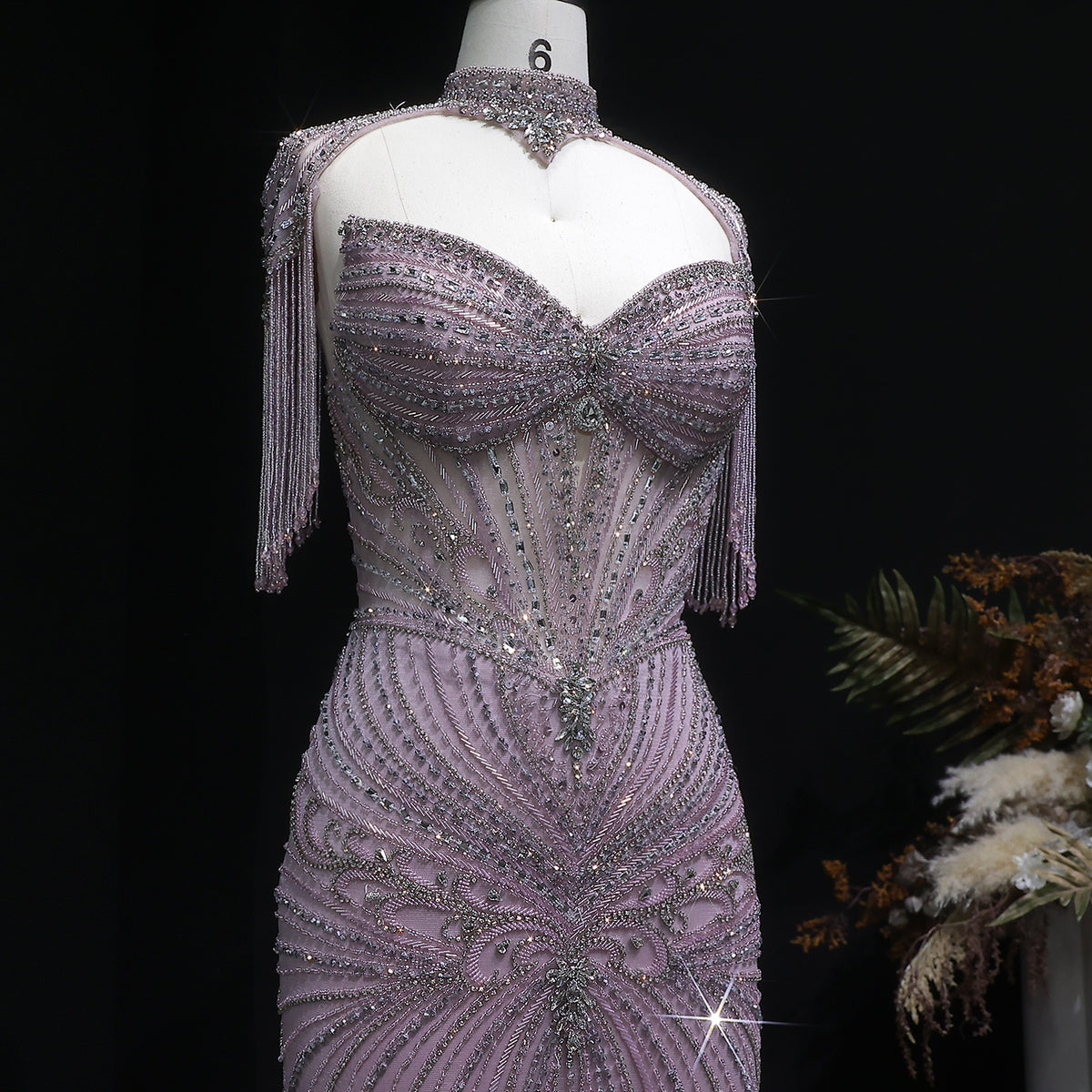 Luxury Champagne Beaded Crystal Evening Dress with Tassel Shoulder SS021 