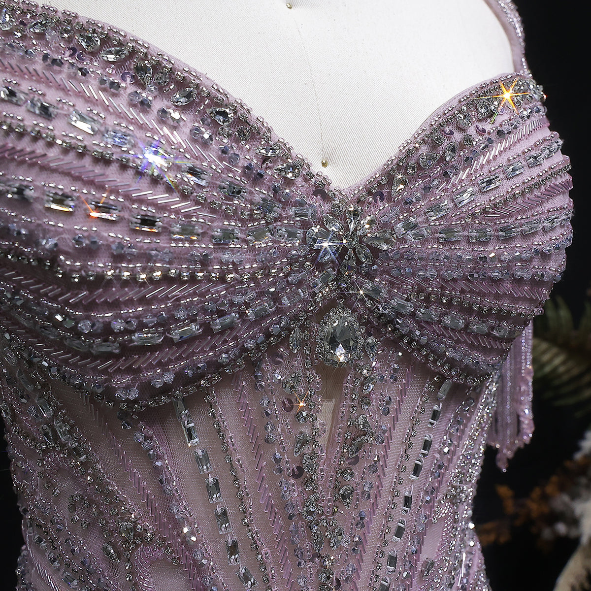 Luxury Champagne Beaded Crystal Evening Dress with Tassel Shoulder SS021 