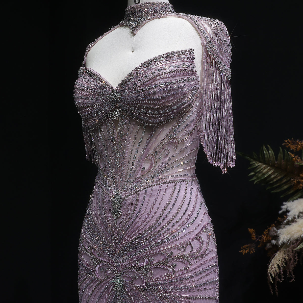 Luxury Champagne Beaded Crystal Evening Dress with Tassel Shoulder SS021 