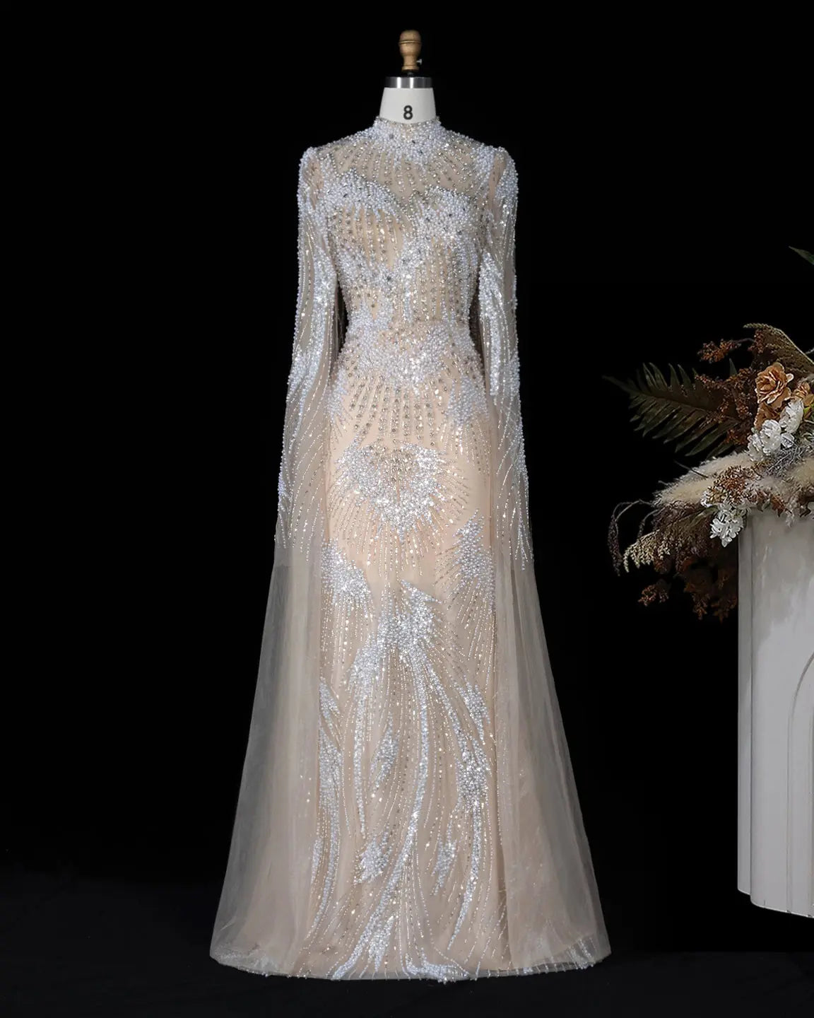 White Nued Beaded Long Sleeve Evening Gown SS022
