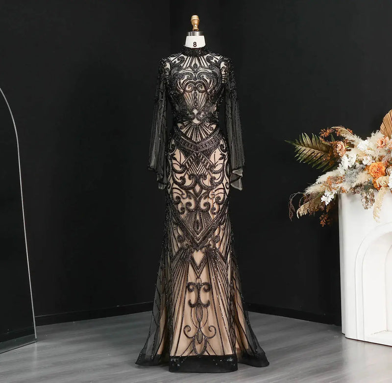 Glamorous Black High Neck Beaded Mermaid Evening Dress SS055 