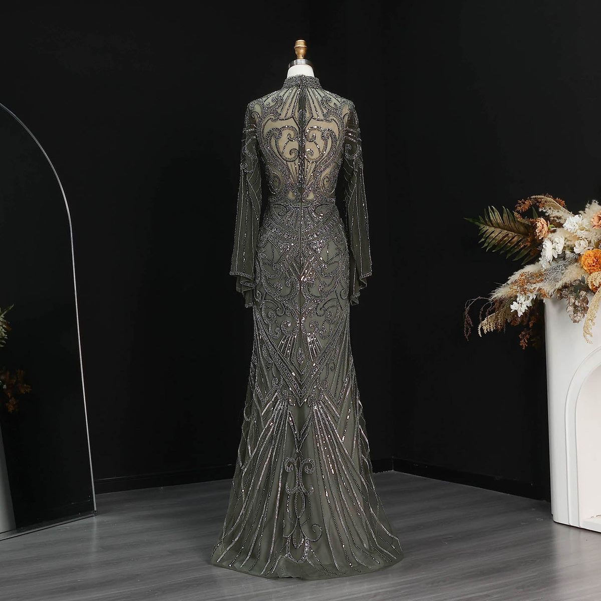 Glamorous Black High Neck Beaded Mermaid Evening Dress SS055 