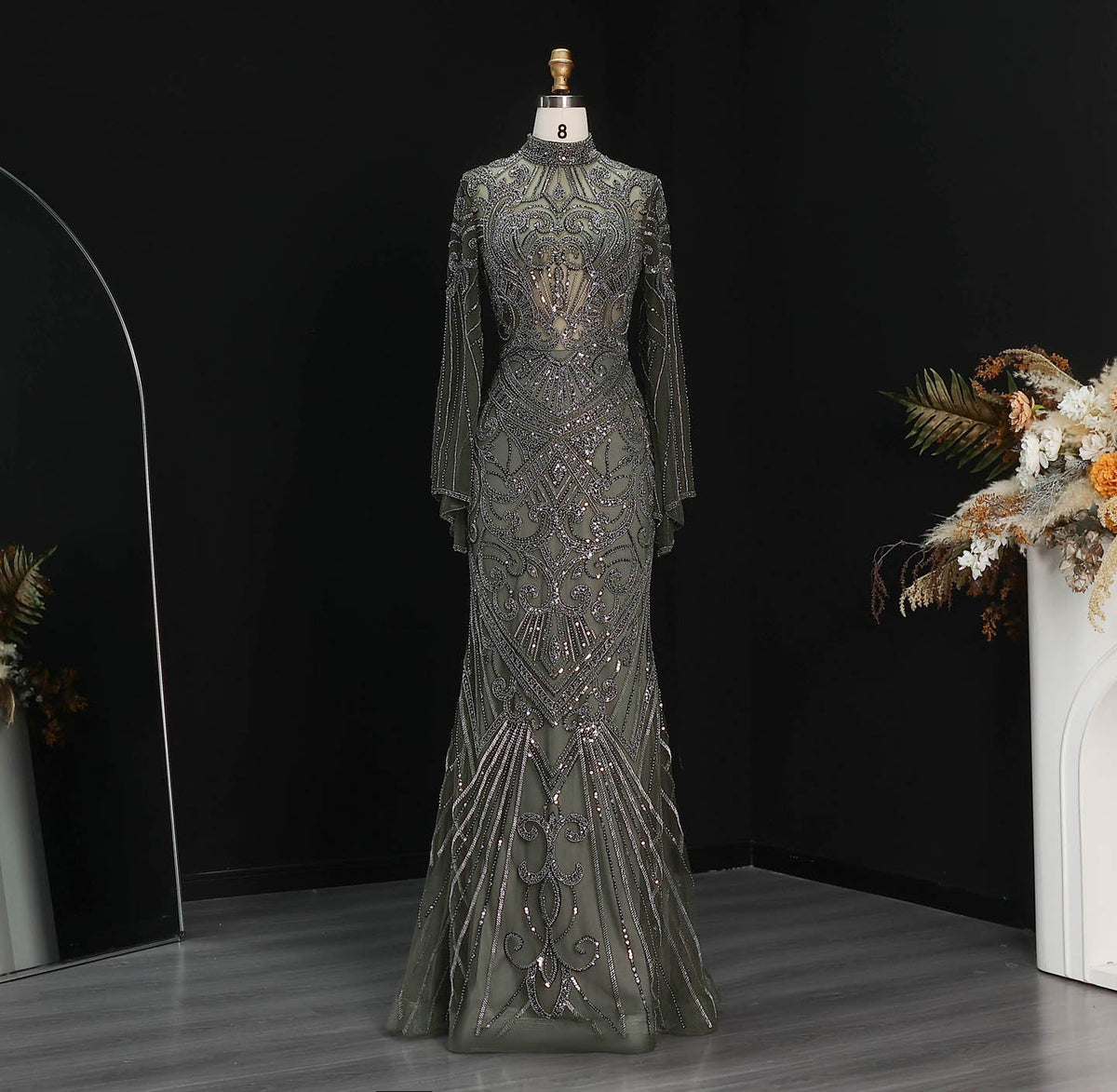 Glamorous Black High Neck Beaded Mermaid Evening Dress SS055 