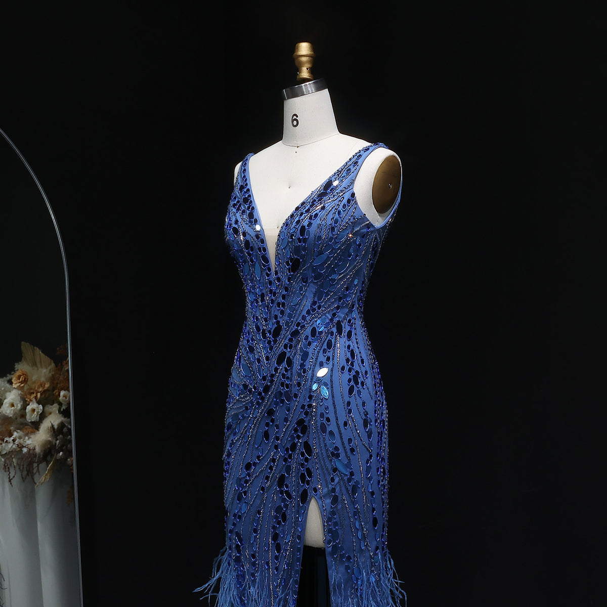 Luxury Pink Feather Beaded Evening Dress with Slit SS066 