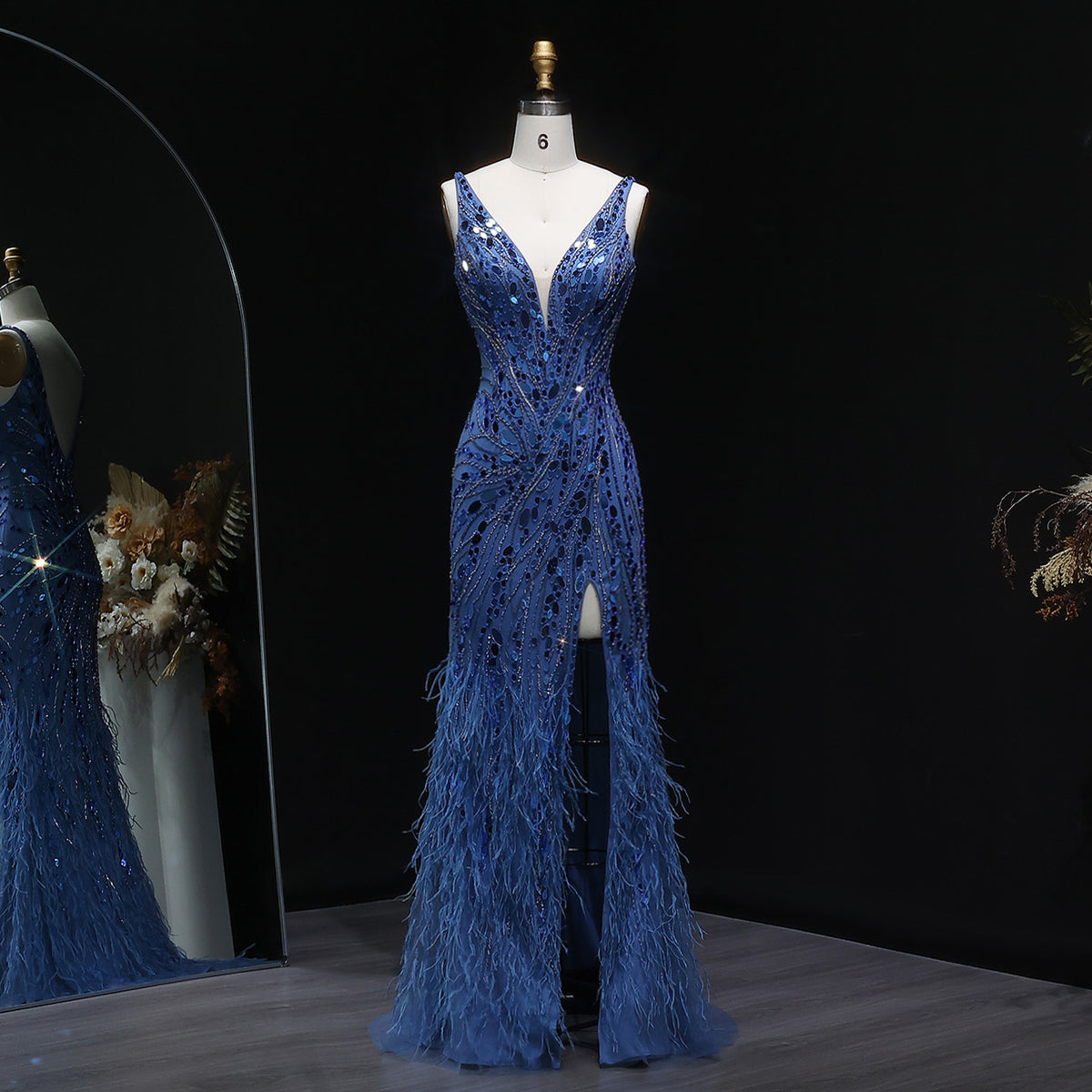 Luxury Pink Feather Beaded Evening Dress with Slit SS066 