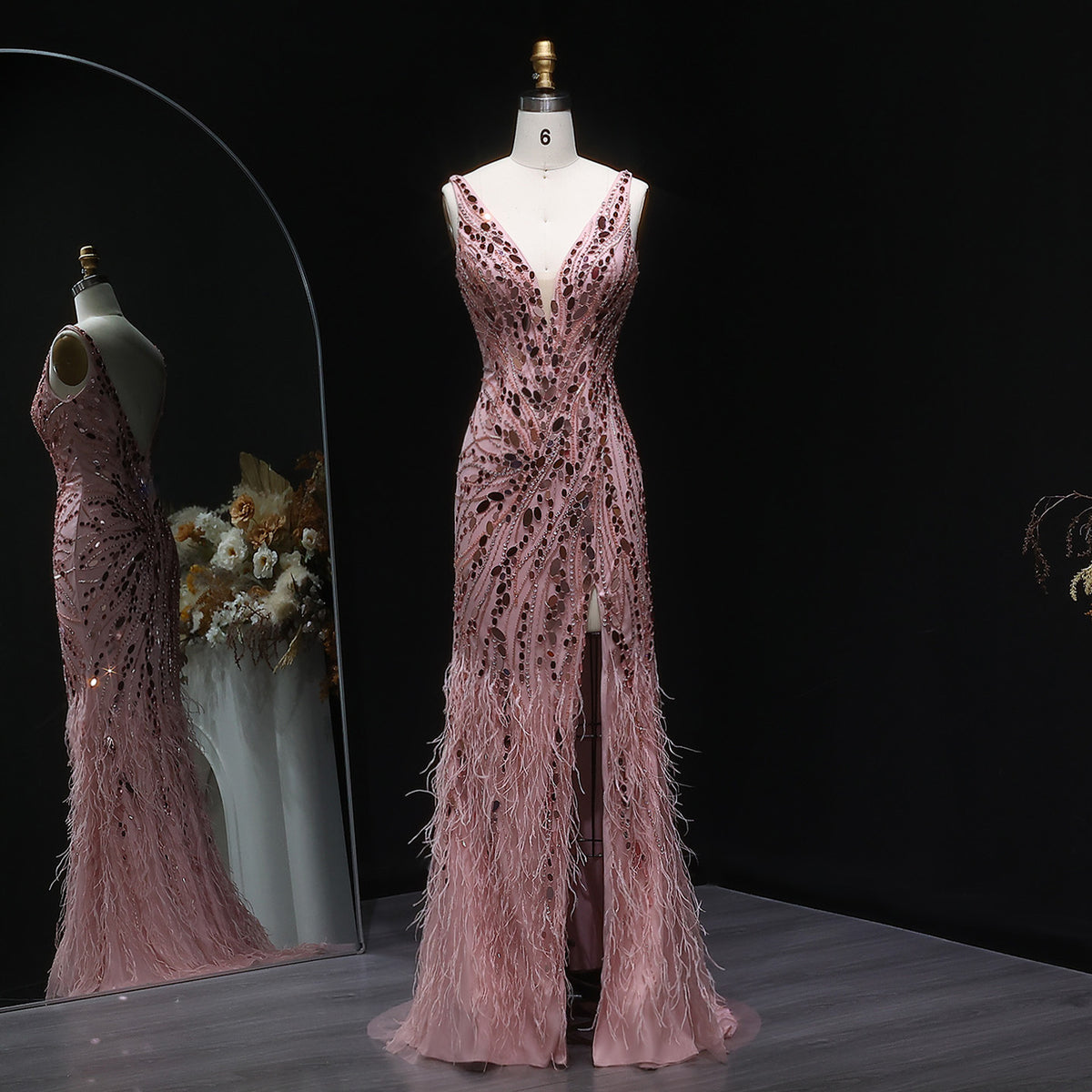 Luxury Pink Feather Beaded Evening Dress with Slit SS066 