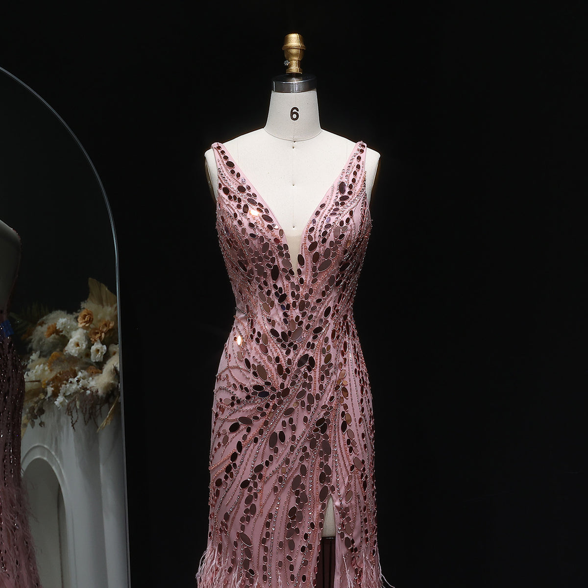 Luxury Pink Feather Beaded Evening Dress with Slit SS066 