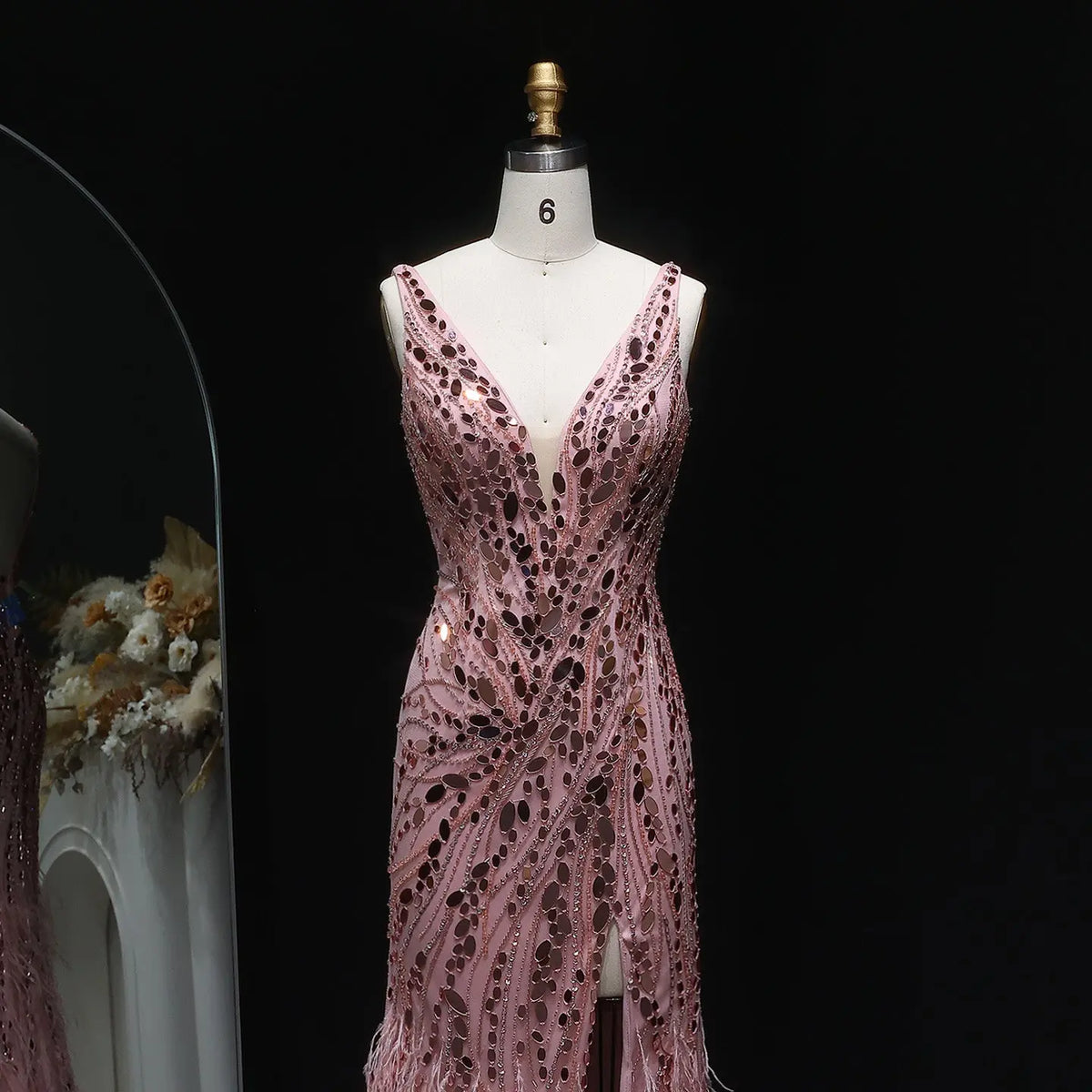 Luxury Pink Feather Beaded Evening Dress with Slit SS066 