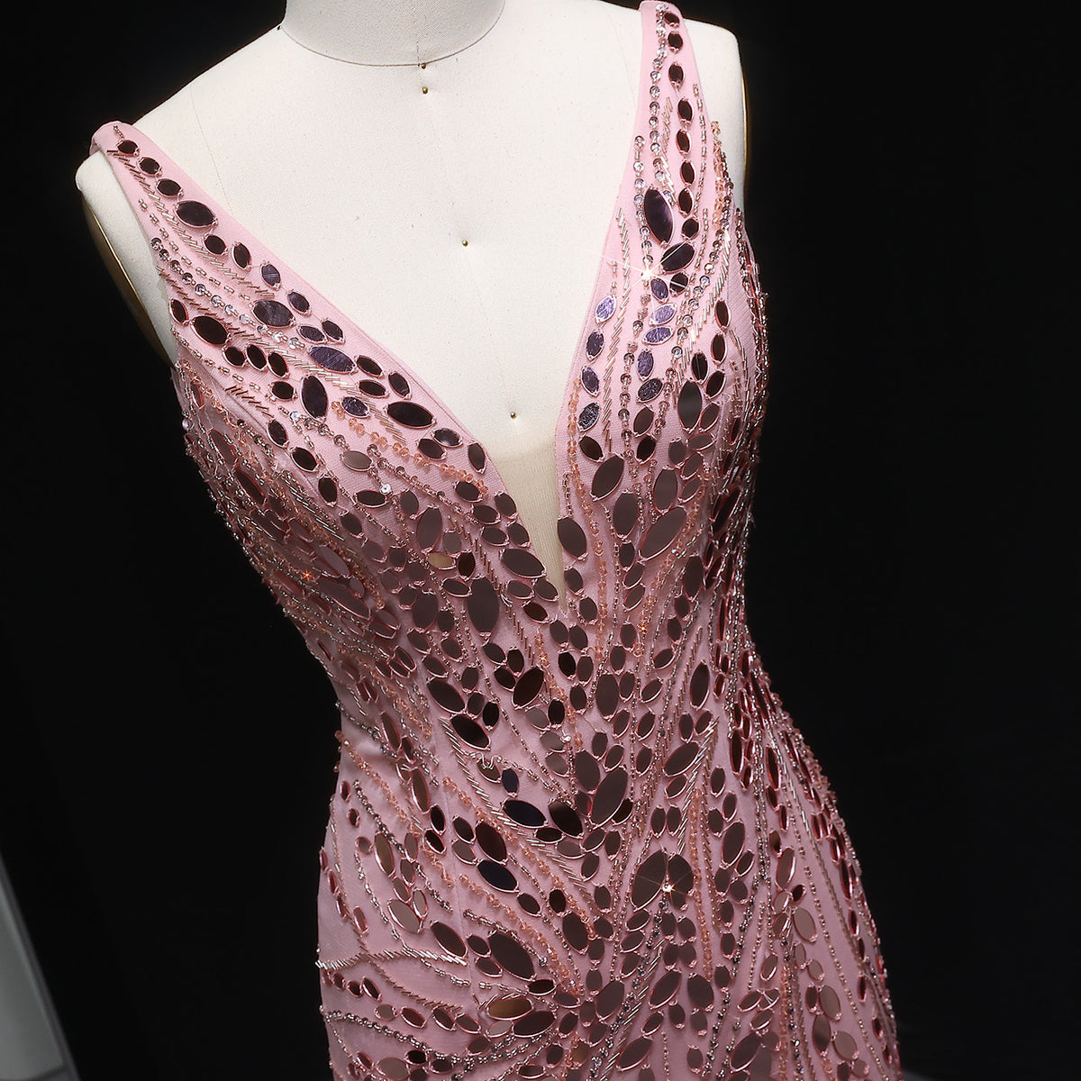 Luxury Pink Feather Beaded Evening Dress with Slit SS066 
