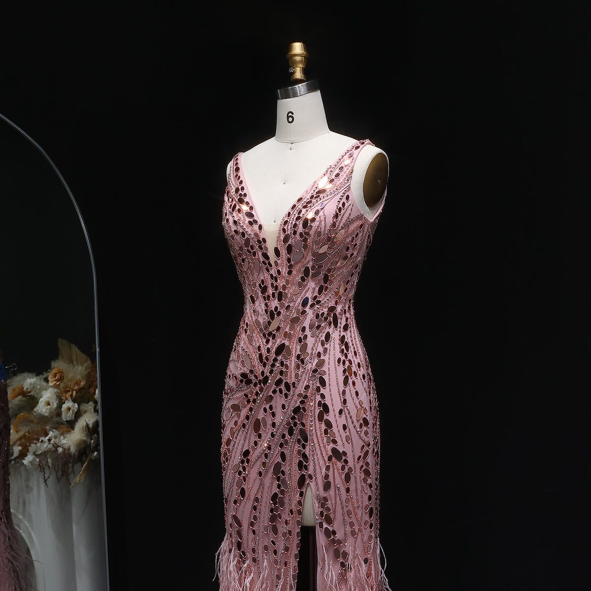 Luxury Pink Feather Beaded Evening Dress with Slit SS066 