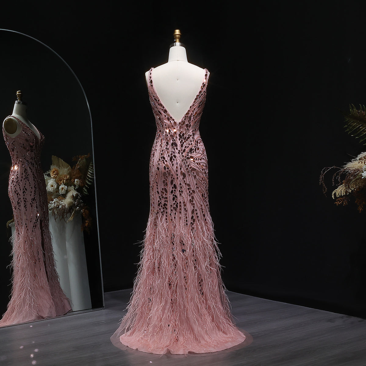 Luxury Pink Feather Beaded Evening Dress with Slit SS066 