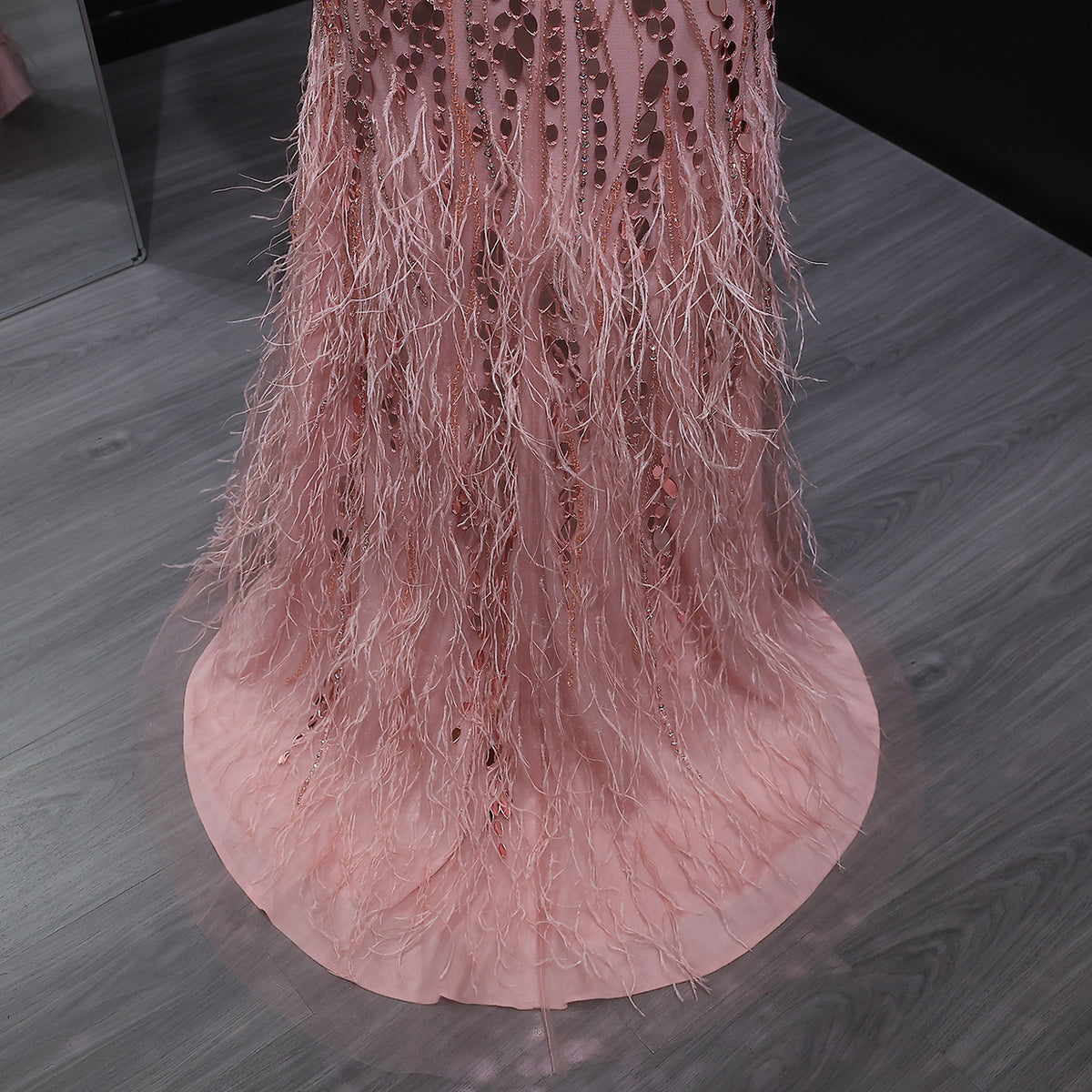 Luxury Pink Feather Beaded Evening Dress with Slit SS066 