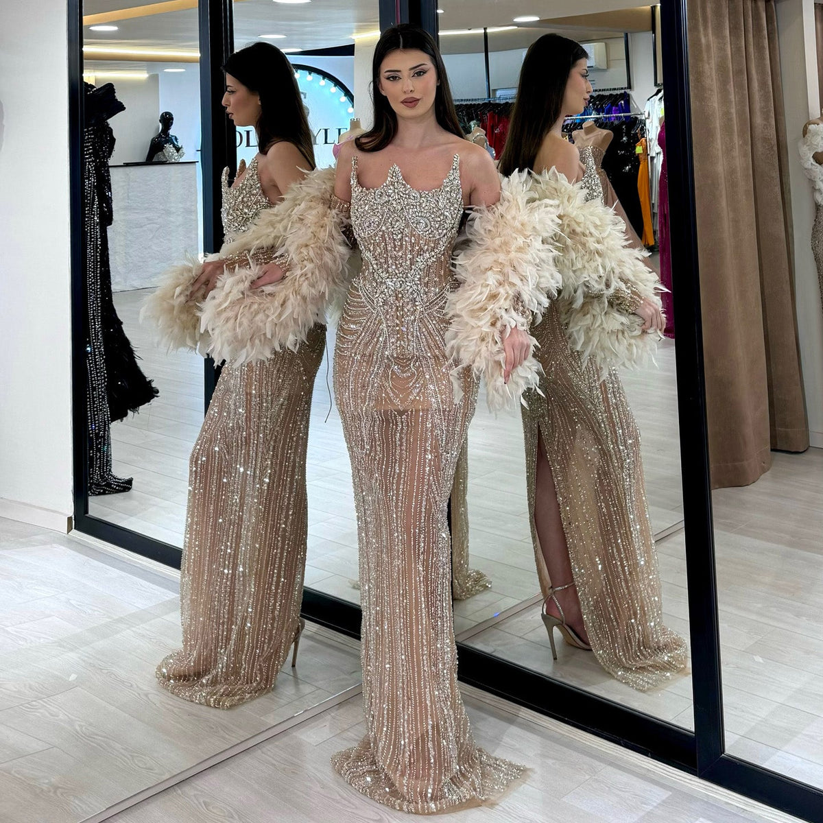 Luxury Feather Pink Beaded Mermaid Strapless Evening Dress SS067