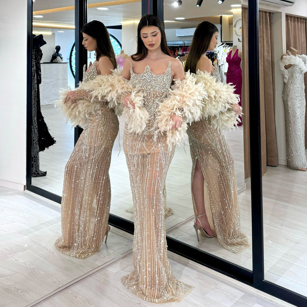 Luxury Feather Pink Beaded Mermaid Strapless Evening Dress SS067