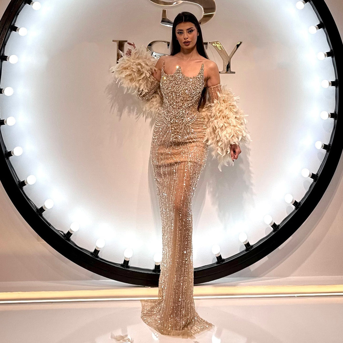 Luxury Feather Pink Beaded Mermaid Strapless Evening Dress SS067