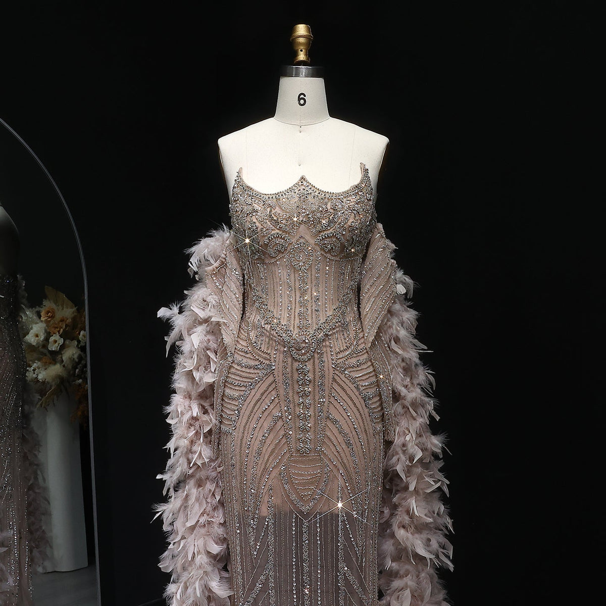 Luxury Feather Pink Beaded Mermaid Strapless Evening Dress SS067