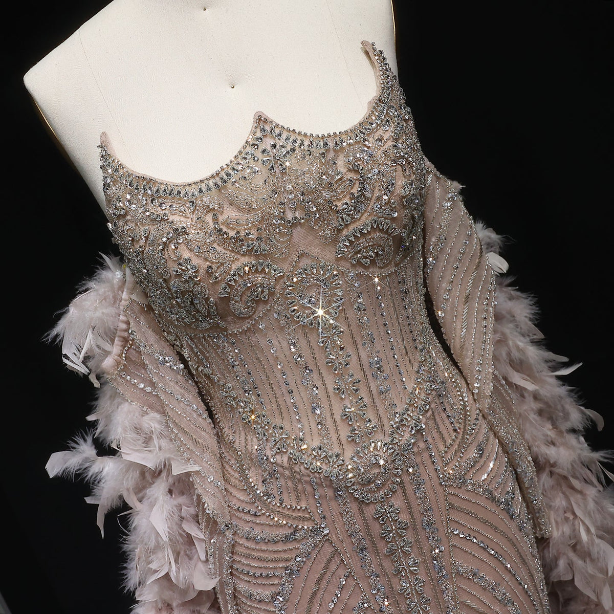 Luxury Feather Pink Beaded Mermaid Strapless Evening Dress SS067