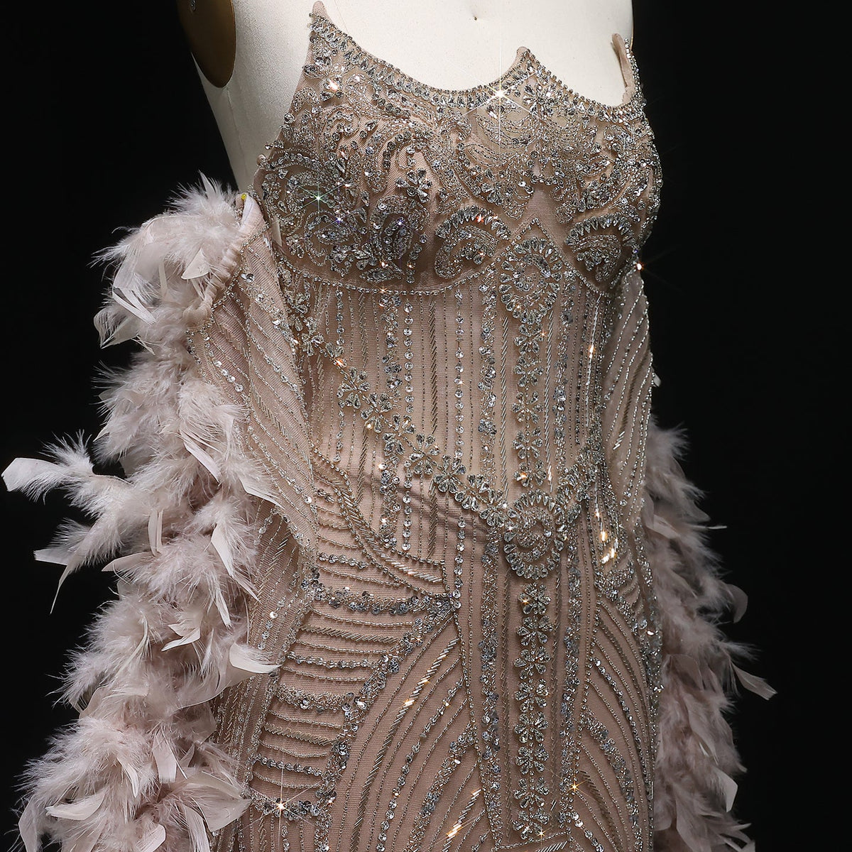 Luxury Feather Pink Beaded Mermaid Strapless Evening Dress SS067