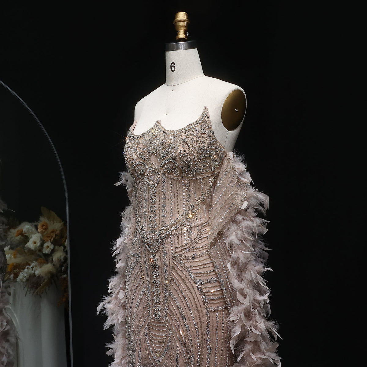 Luxury Feather Pink Beaded Mermaid Strapless Evening Dress SS067
