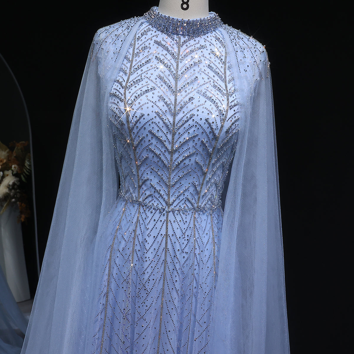 Luxury Pink Crystal Beaded Evening Gown with Sheer Cape SS074 