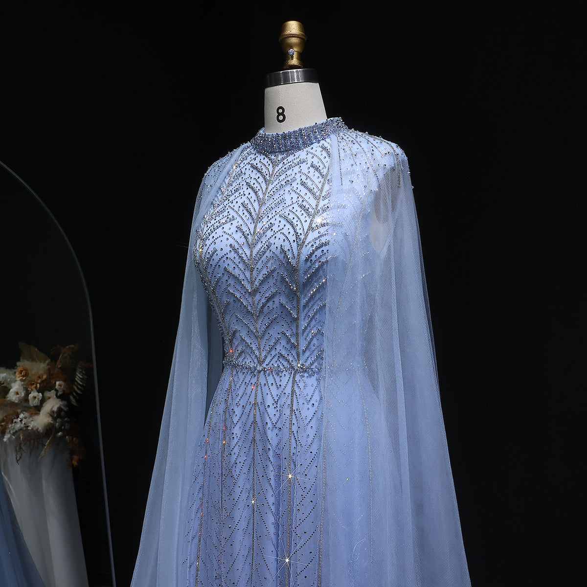 Luxury Pink Crystal Beaded Evening Gown with Sheer Cape SS074 