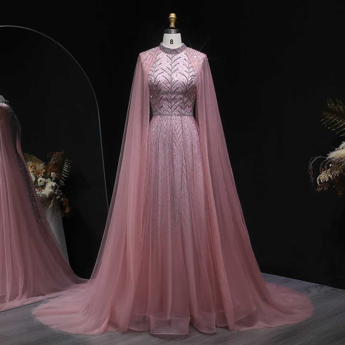 Luxury Pink Crystal Beaded Evening Gown with Sheer Cape SS074 