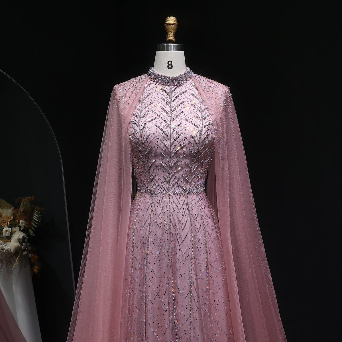 Luxury Pink Crystal Beaded Evening Gown with Sheer Cape SS074 