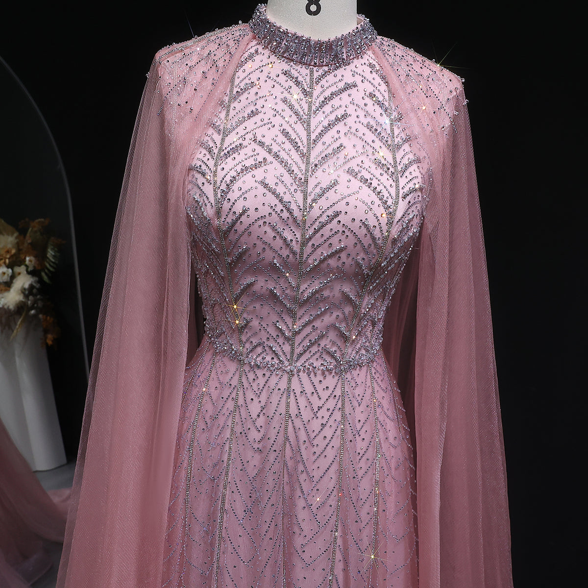 Luxury Pink Crystal Beaded Evening Gown with Sheer Cape SS074 