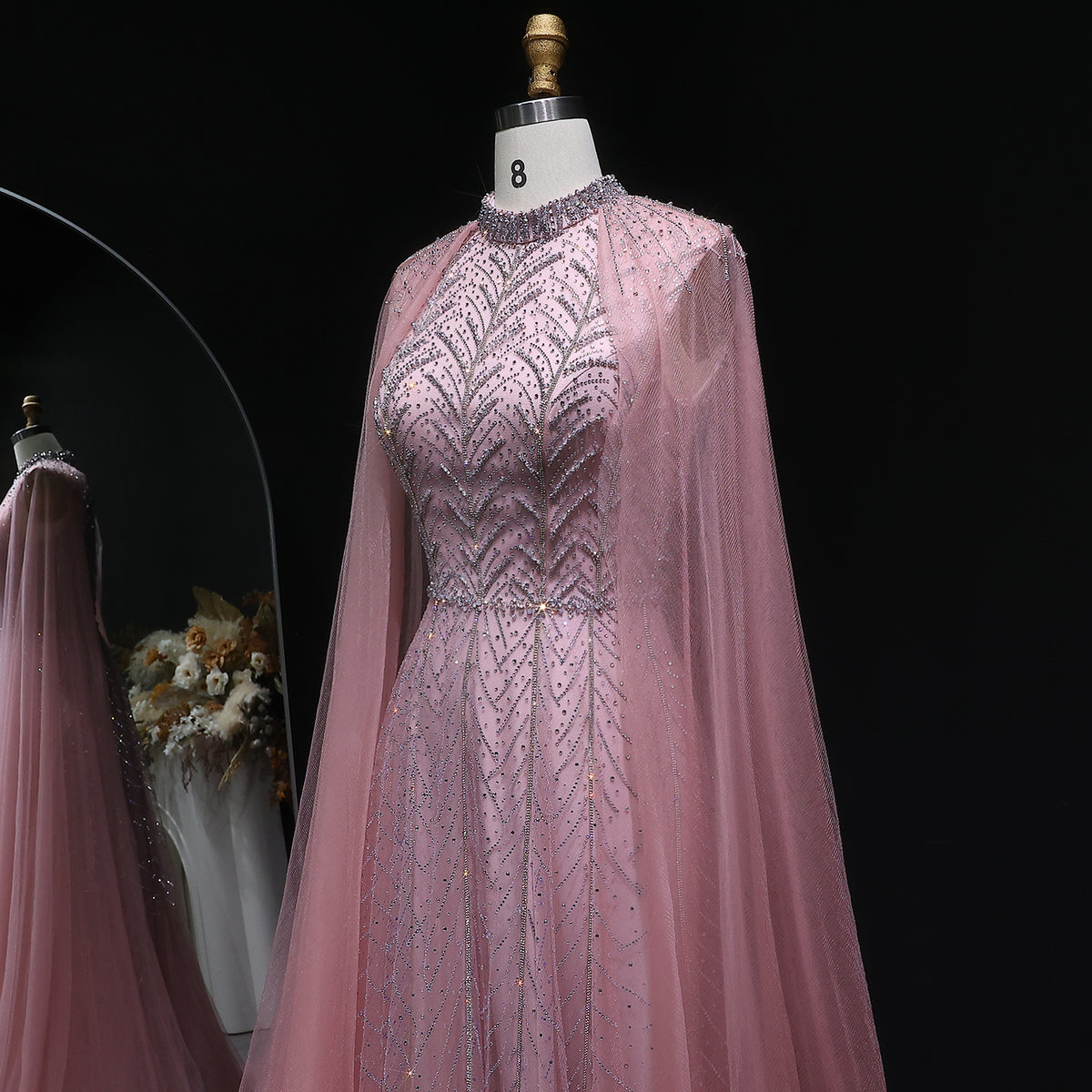 Luxury Pink Crystal Beaded Evening Gown with Sheer Cape SS074 