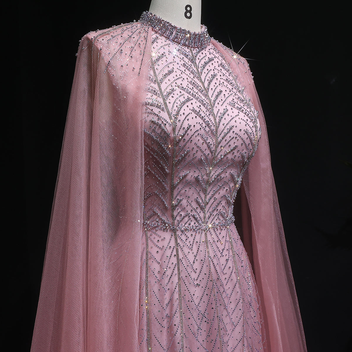 Luxury Pink Crystal Beaded Evening Gown with Sheer Cape SS074 