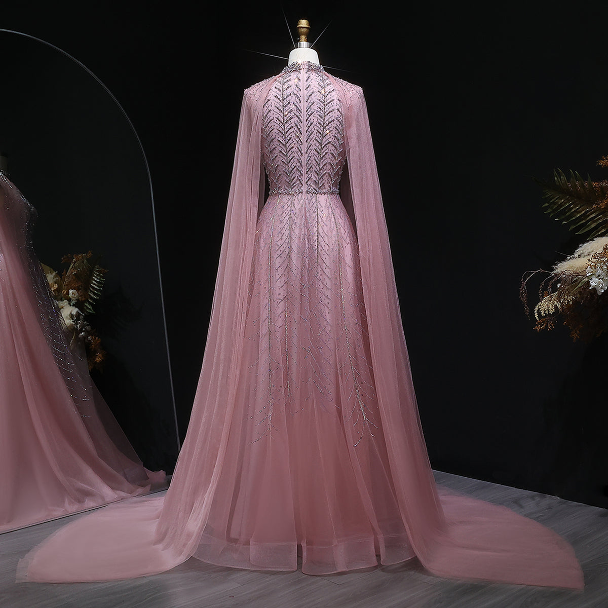 Luxury Pink Crystal Beaded Evening Gown with Sheer Cape SS074 