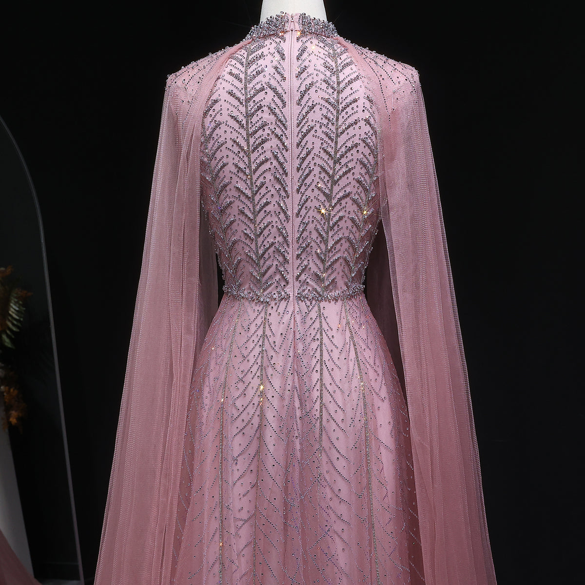 Luxury Pink Crystal Beaded Evening Gown with Sheer Cape SS074 