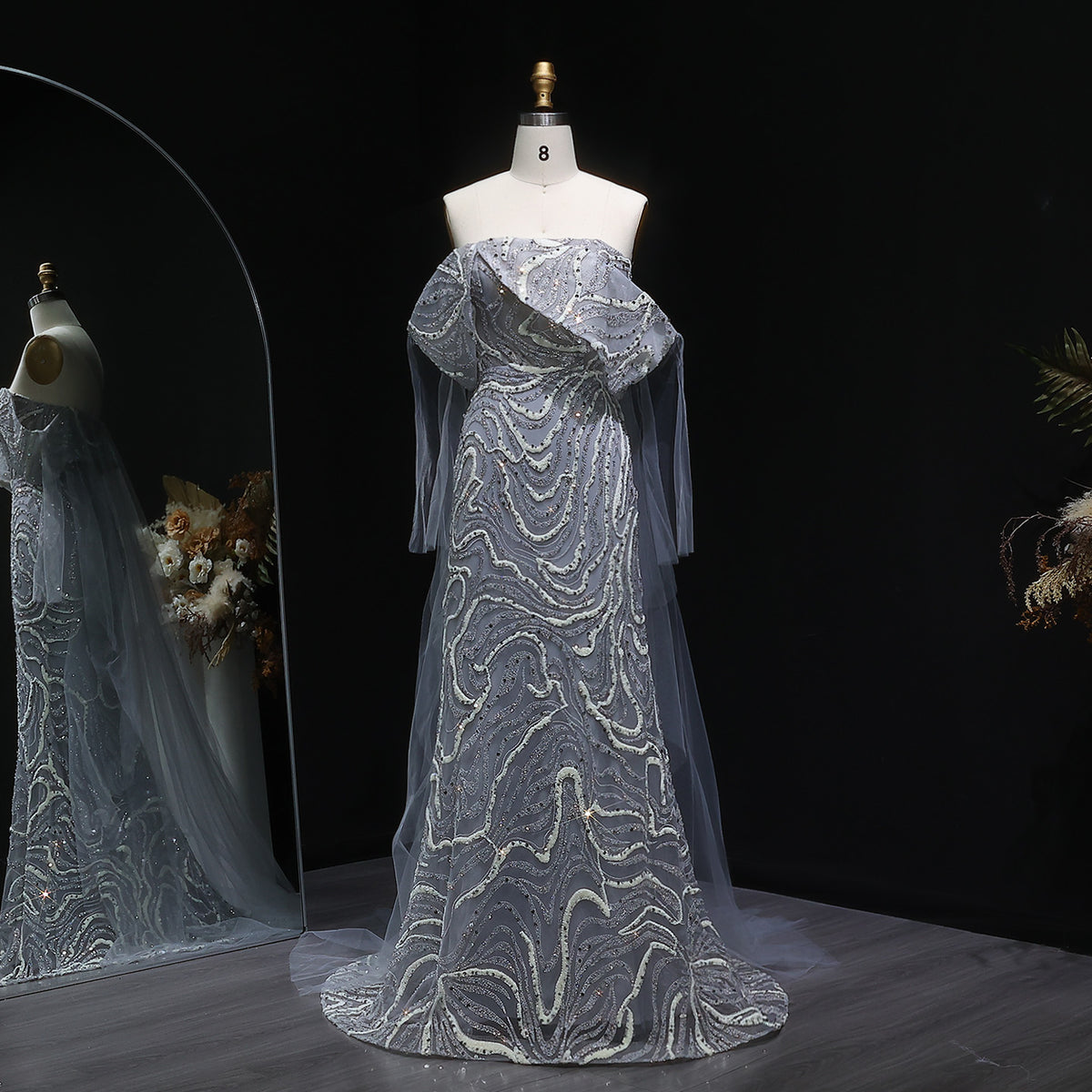 Luxury Gray Sequin Evening Dress with Cape Sleeves SS078 