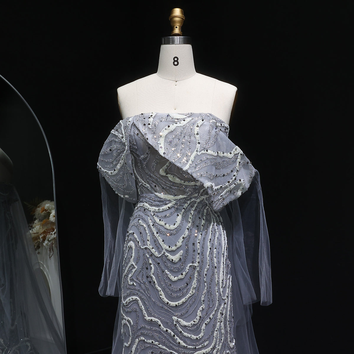 Luxury Gray Sequin Evening Dress with Cape Sleeves SS078 