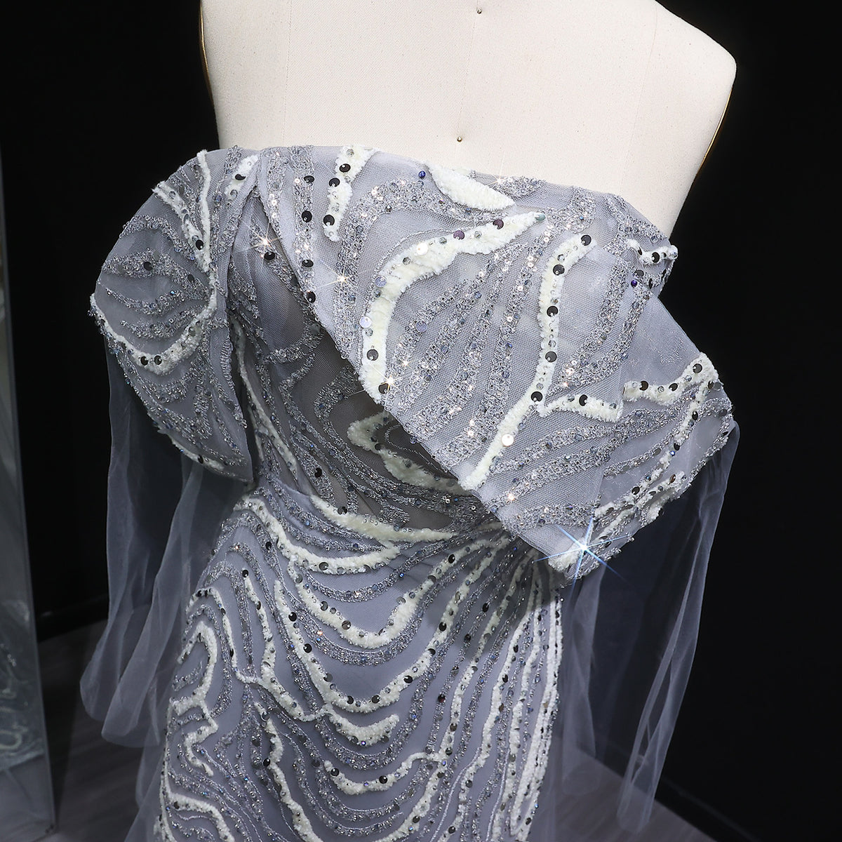 Luxury Gray Sequin Evening Dress with Cape Sleeves SS078 