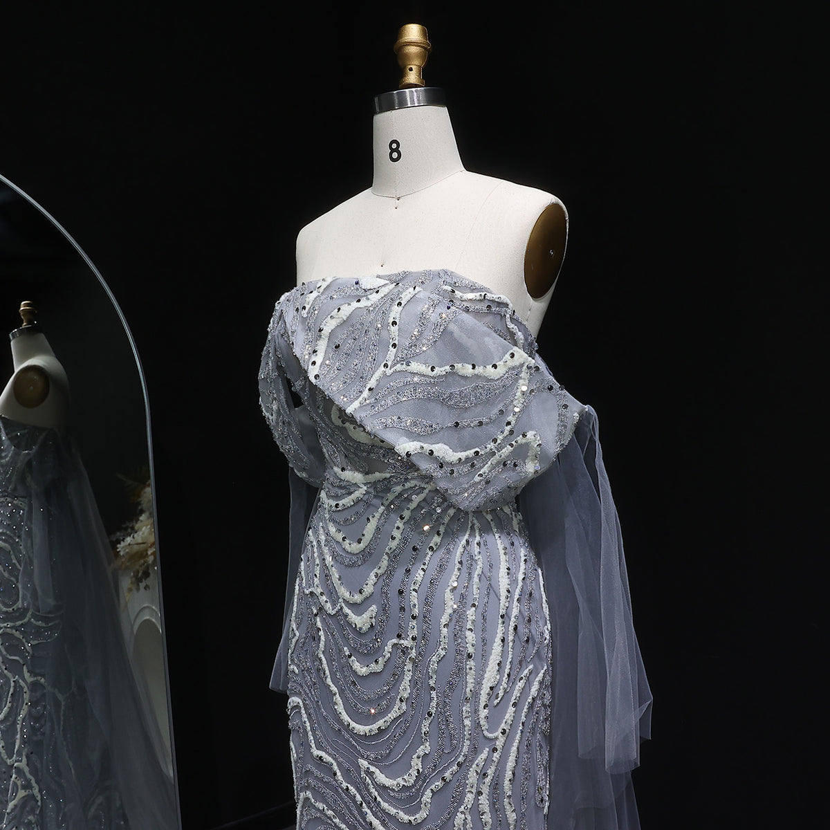 Luxury Gray Sequin Evening Dress with Cape Sleeves SS078 