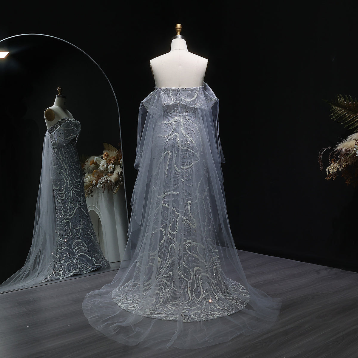 Luxury Gray Sequin Evening Dress with Cape Sleeves SS078 