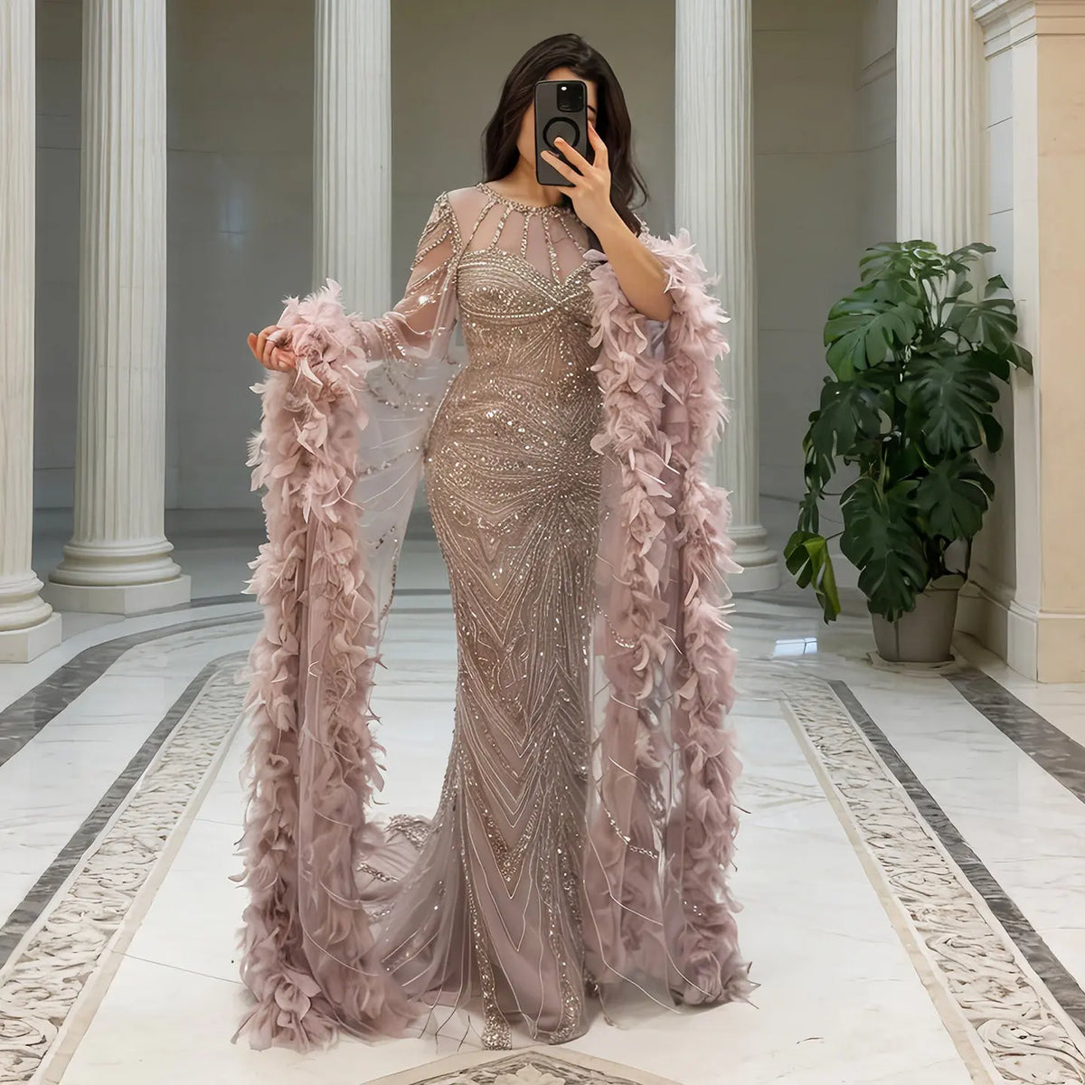 Luxury Beaded Evening Dress with Feather Cape Sleeves SS082 Luxury Beaded Evening Dress with Feather Cape Sleeves SS082