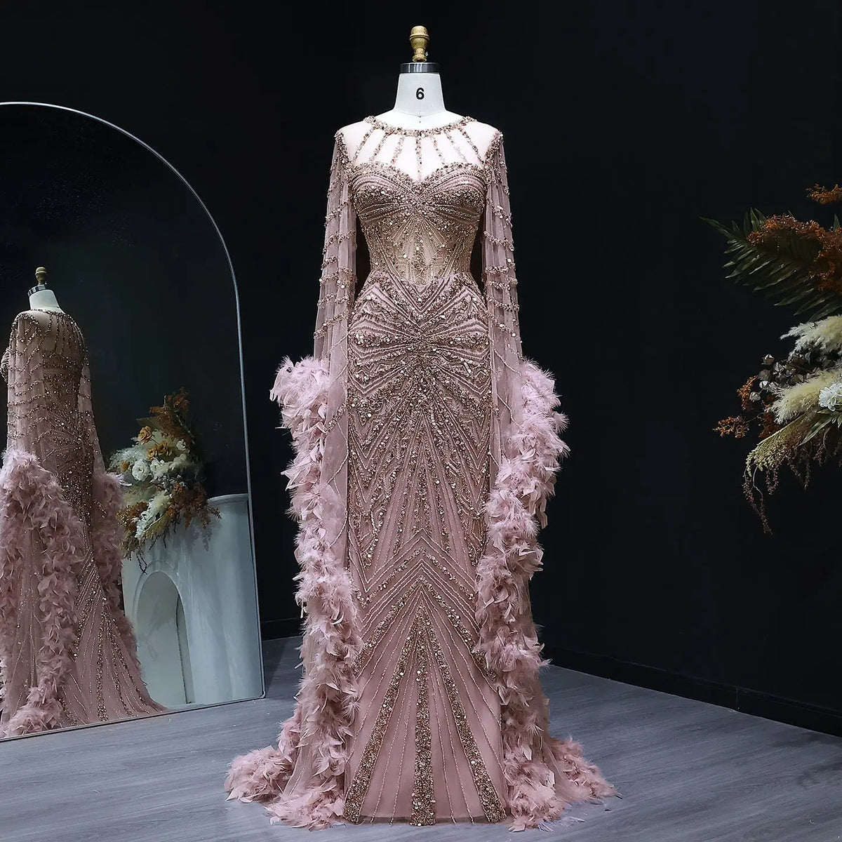 Luxury Beaded Evening Dress with Feather Cape Sleeves SS082 Luxury Beaded Evening Dress with Feather Cape Sleeves SS082