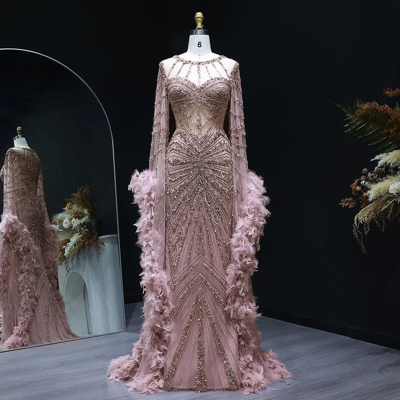 Luxury Beaded Evening Dress with Feather Cape Sleeves SS082 