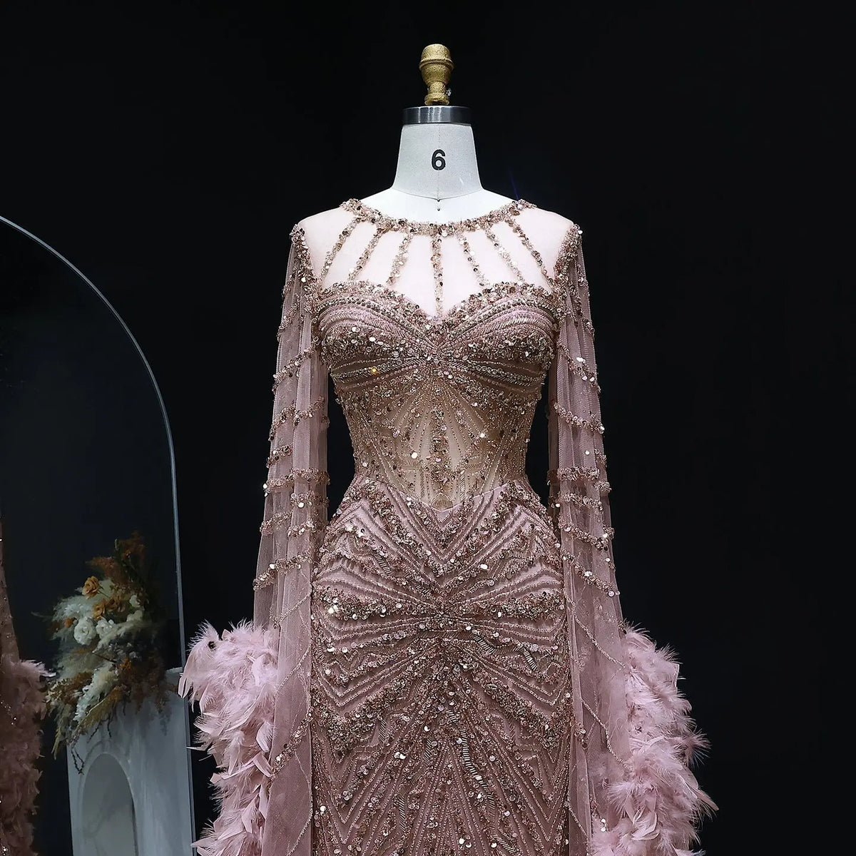 Luxury Beaded Evening Dress with Feather Cape Sleeves SS082 Luxury Beaded Evening Dress with Feather Cape Sleeves SS082
