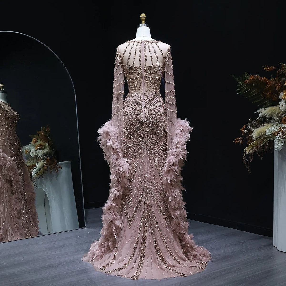 Luxury Beaded Evening Dress with Feather Cape Sleeves SS082 Luxury Beaded Evening Dress with Feather Cape Sleeves SS082