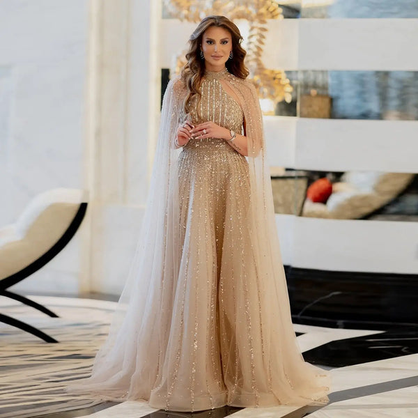 Luxury Beaded Turquoise Evening Dress with Cape SS085