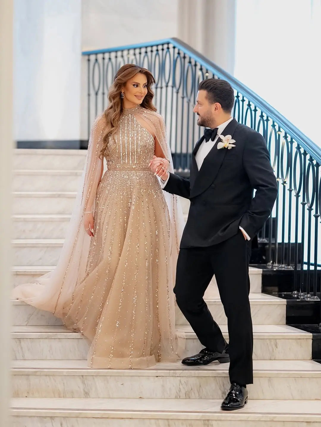 Luxury Beaded Turquoise Evening Dress with Cape SS085 