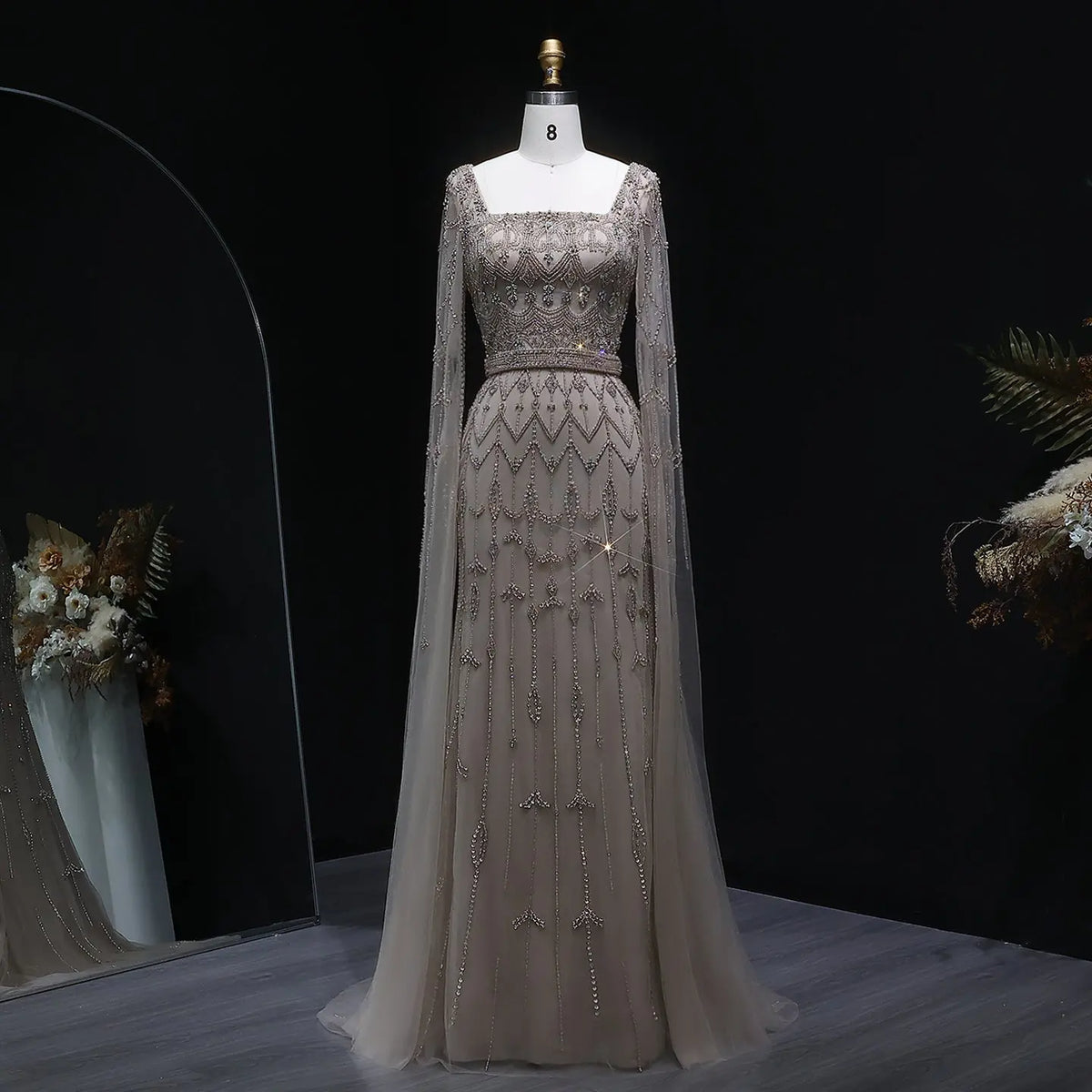white dress with turquoise beading Luxury Beaded Turquoise Evening Dress with Cape Sleeves SS161