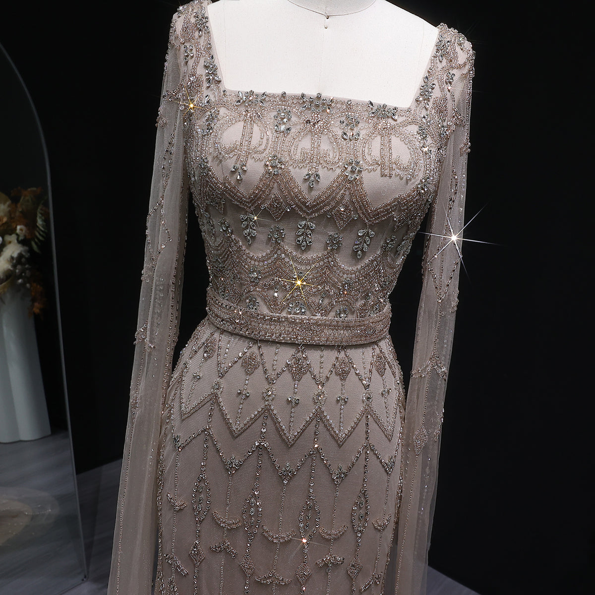 Luxury Beaded Turquoise Evening Dress with Cape Sleeves SS089 