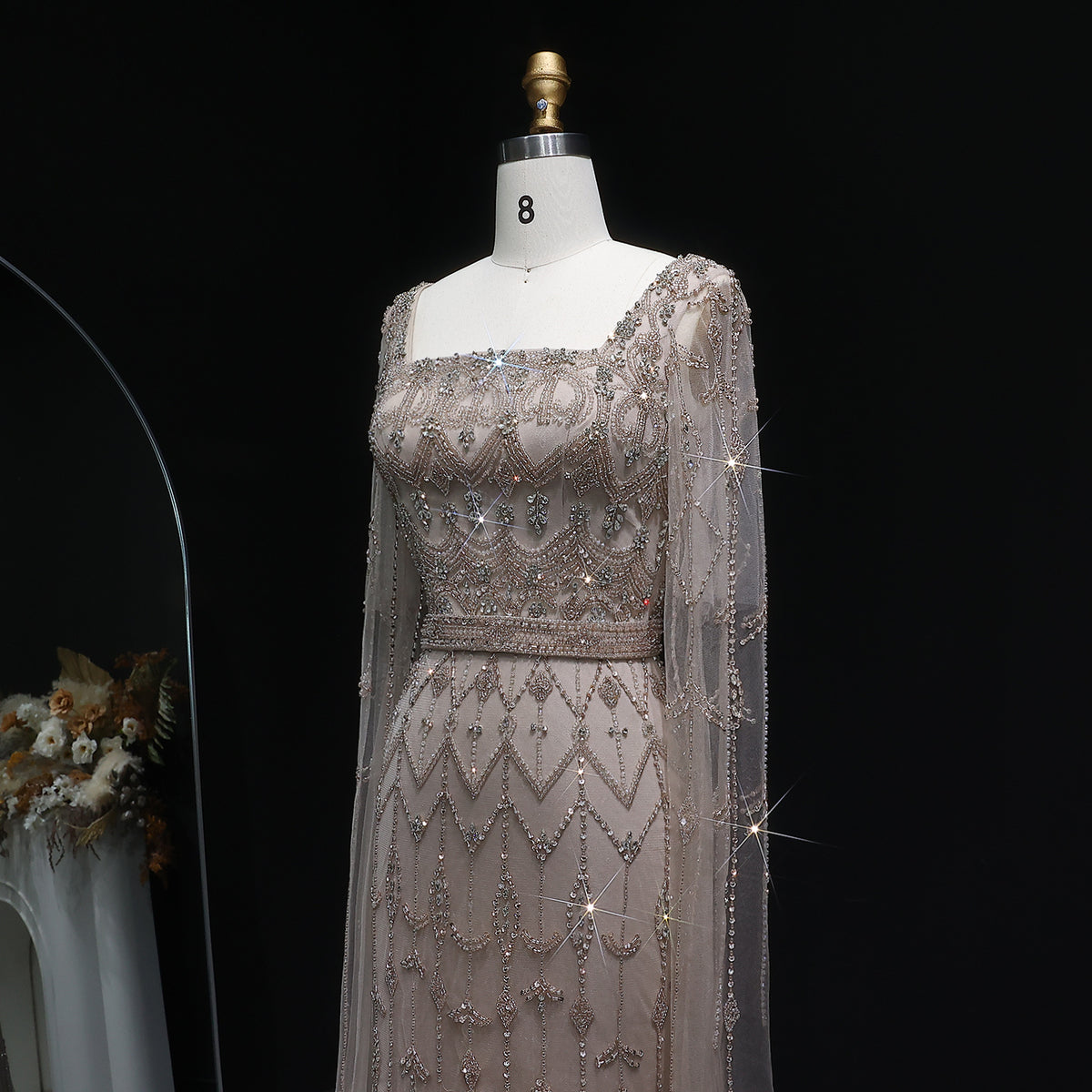 Luxury Beaded Turquoise Evening Dress with Cape Sleeves SS089 